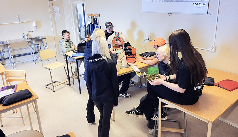 Elever tittar på modell av människokroppen. 