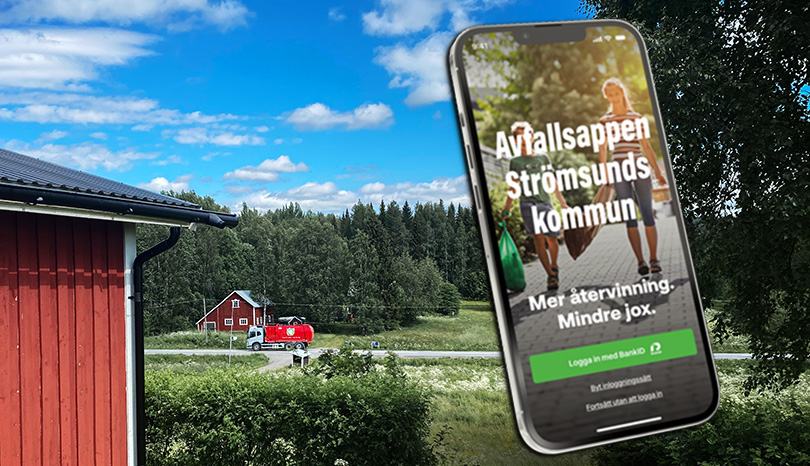 Sopbil på landsbygd+mobilapp.