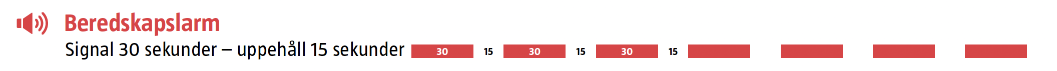 Beredskapslarm: Signal 30 sekunder – uppehåll 15 sekunder.