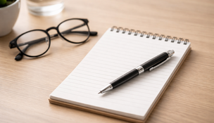 Block, glasögon och penna.