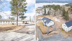 Flygbild över två stora fastigheter.